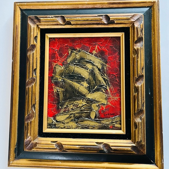 Vintage textured oil painting of ship red black gold framed